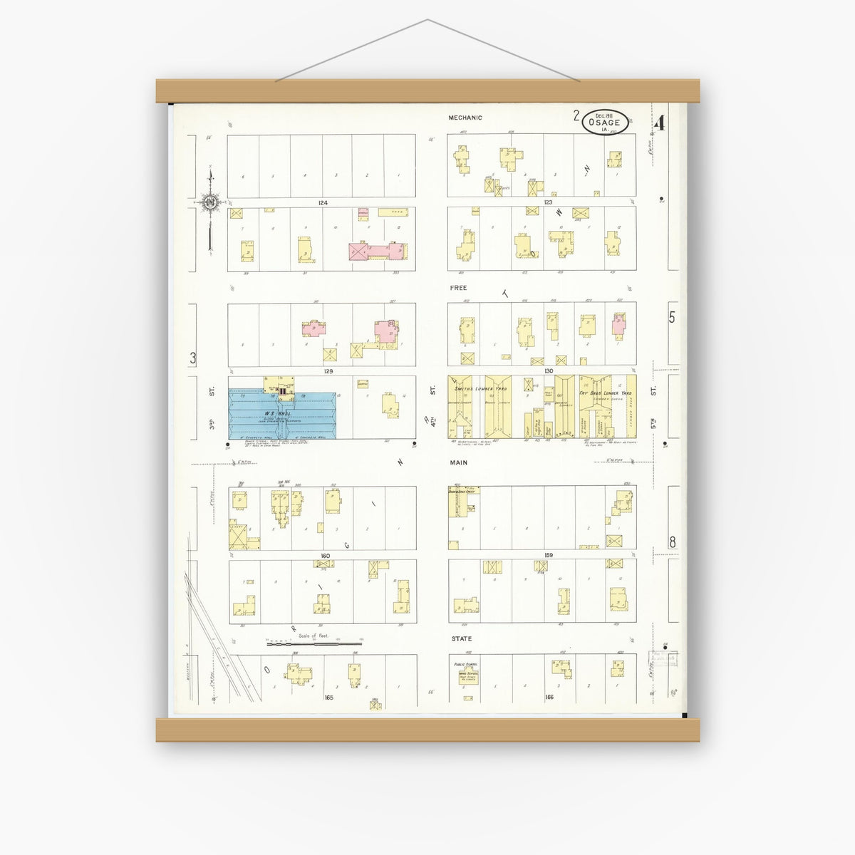 Old map wall art mockup — magnetic wood frame on white wall — Sanborn Fire Insurance Map from Osage, Mitchell County, Iowa (1911), Sheet #0004