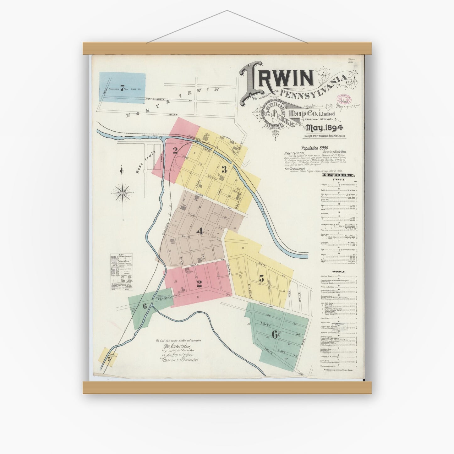Old map wall art mockup — magnetic wood frame on white wall — Sanborn Fire Insurance Map from Irwin, Westmoreland County, Pennsylvania (1894), Sheet #0001