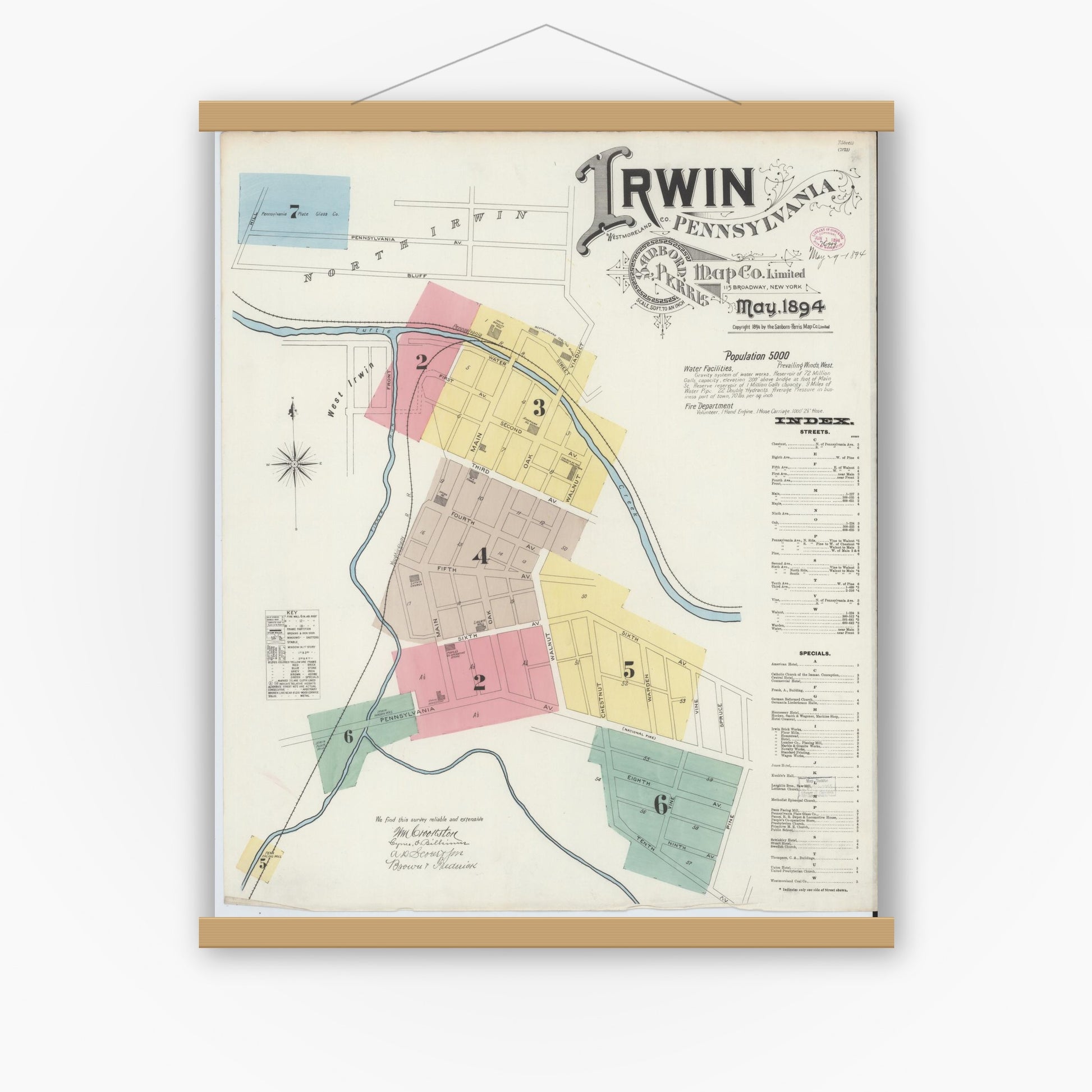 Old map wall art mockup — magnetic wood frame on white wall — Sanborn Fire Insurance Map from Irwin, Westmoreland County, Pennsylvania (1894), Sheet #0001