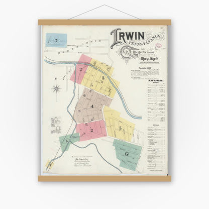 Old map wall art mockup — magnetic wood frame on white wall — Sanborn Fire Insurance Map from Irwin, Westmoreland County, Pennsylvania (1894), Sheet #0001