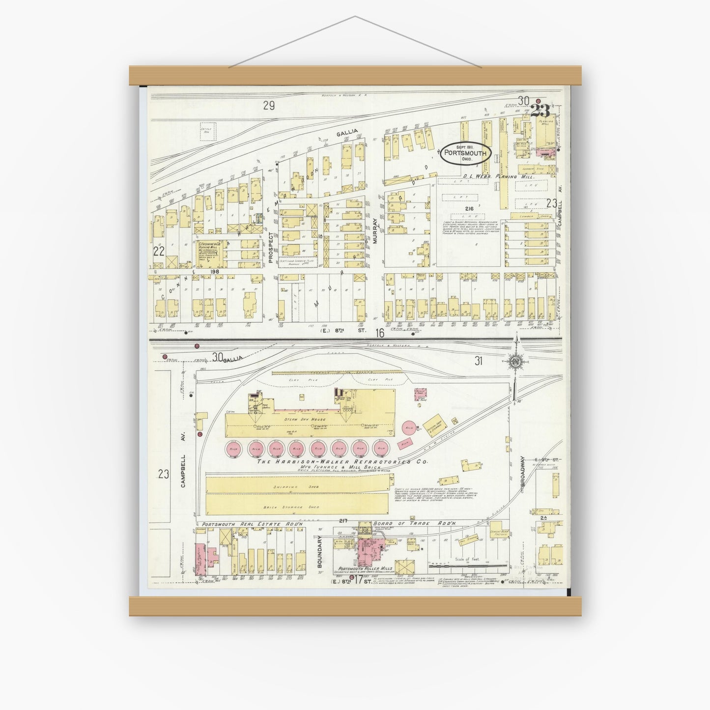 Old map wall art mockup — magnetic wood frame on white wall — Sanborn Fire Insurance Map from Portsmouth, Scioto County, Ohio (1911), Sheet #0023