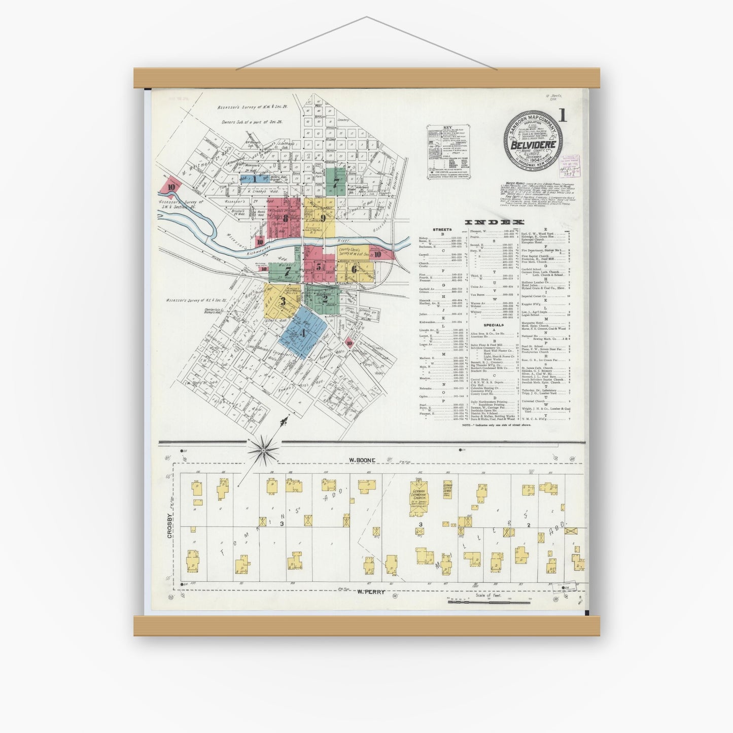 Old map wall art mockup — magnetic wood frame on white wall — Sanborn Fire Insurance Map from Belvidere, Boone County, Illinois (1904), Sheet #0001