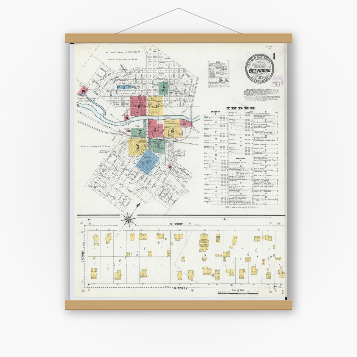 Old map wall art mockup — magnetic wood frame on white wall — Sanborn Fire Insurance Map from Belvidere, Boone County, Illinois (1904), Sheet #0001