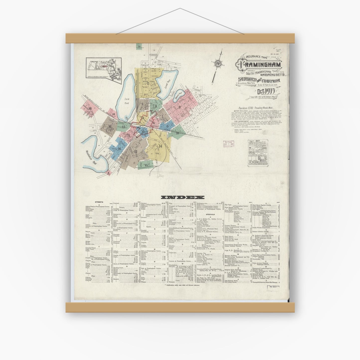 Old map wall art mockup — magnetic wood frame on white wall — Sanborn Fire Insurance Map from Framingham, Middlesex County, Massachusetts (1915), Sheet #0001
