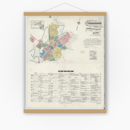 Old map wall art mockup — magnetic wood frame on white wall — Sanborn Fire Insurance Map from Framingham, Middlesex County, Massachusetts (1915), Sheet #0001