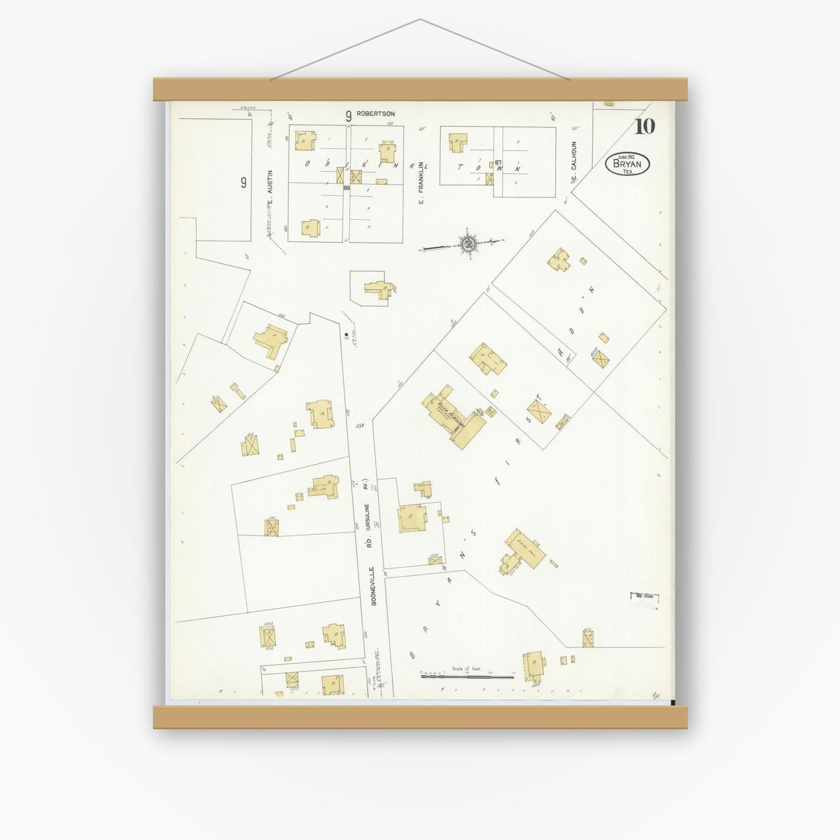 Old map wall art mockup — magnetic wood frame on white wall — Sanborn Fire Insurance Map from Bryan, Brazos County, Texas (1912), Sheet #0010