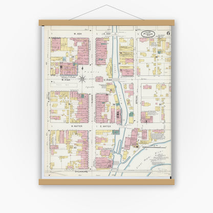 Old map wall art mockup — magnetic wood frame on white wall — Sanborn Fire Insurance Map from Piqua, Miami County, Ohio (1892), Sheet #0006