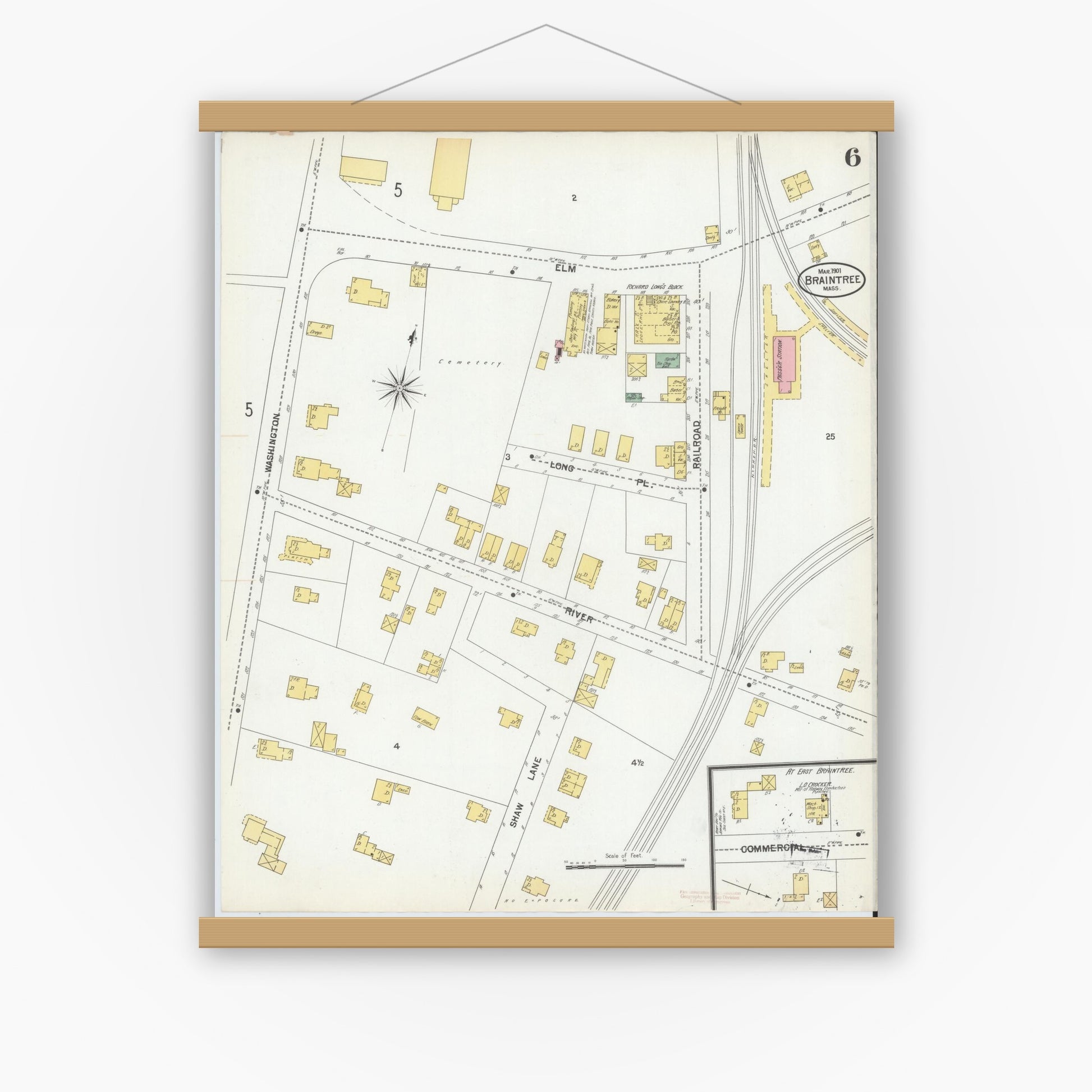 Old map wall art mockup — magnetic wood frame on white wall — Sanborn Fire Insurance Map from Braintree, Norfolk County, Massachusetts (1901), Sheet #0006