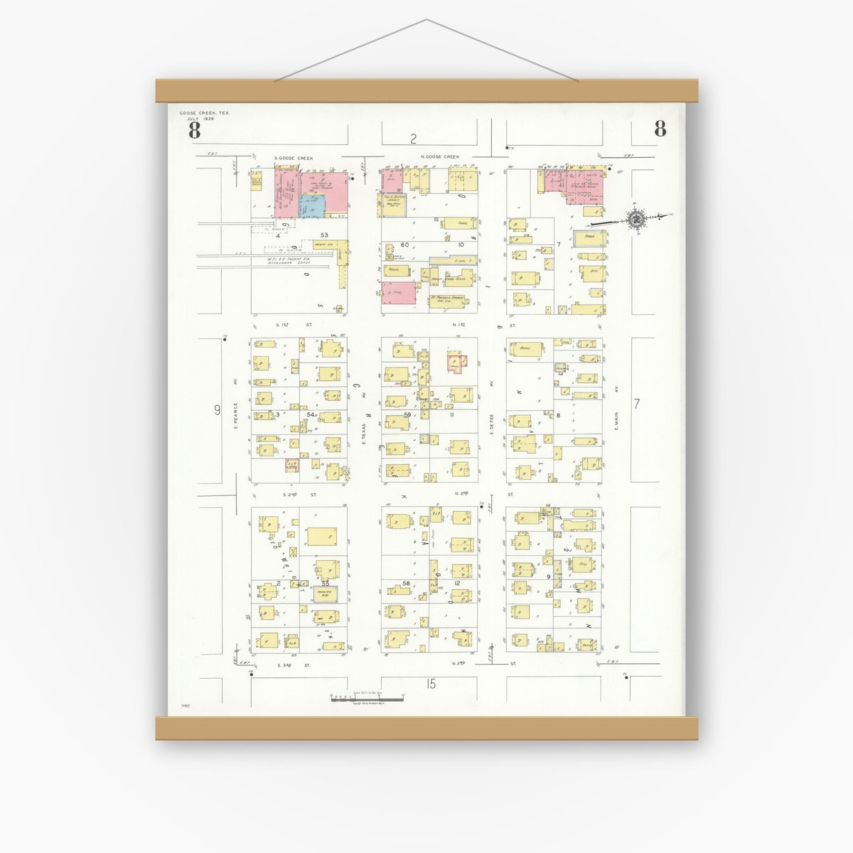 Old map wall art mockup — magnetic wood frame on white wall — Sanborn Fire Insurance Map from Goose Creek, Harris County, Texas (1939), Sheet #0008