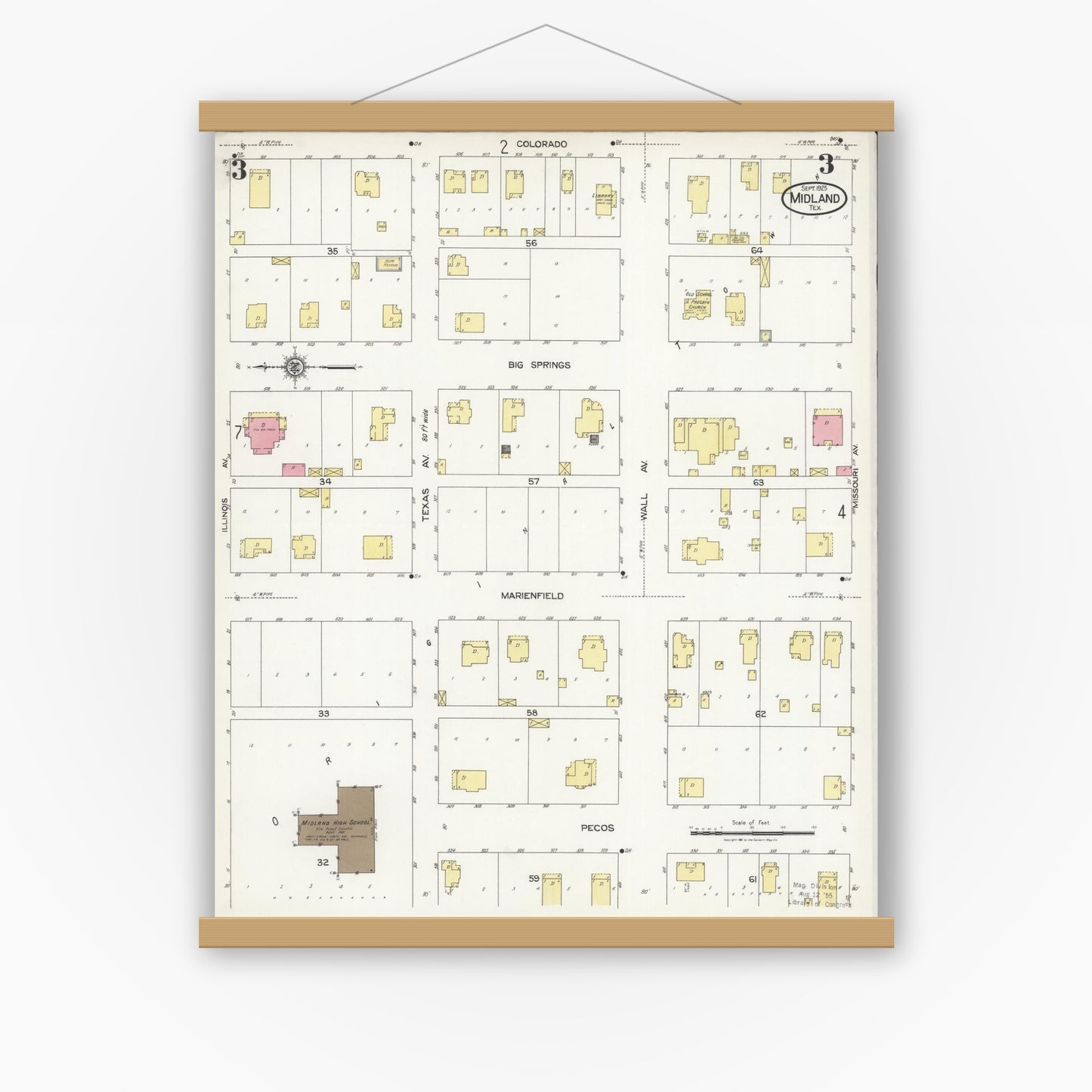 Old map wall art mockup — magnetic wood frame on white wall — Sanborn Fire Insurance Map from Midland, Midland County, Texas (1925), Sheet #0003
