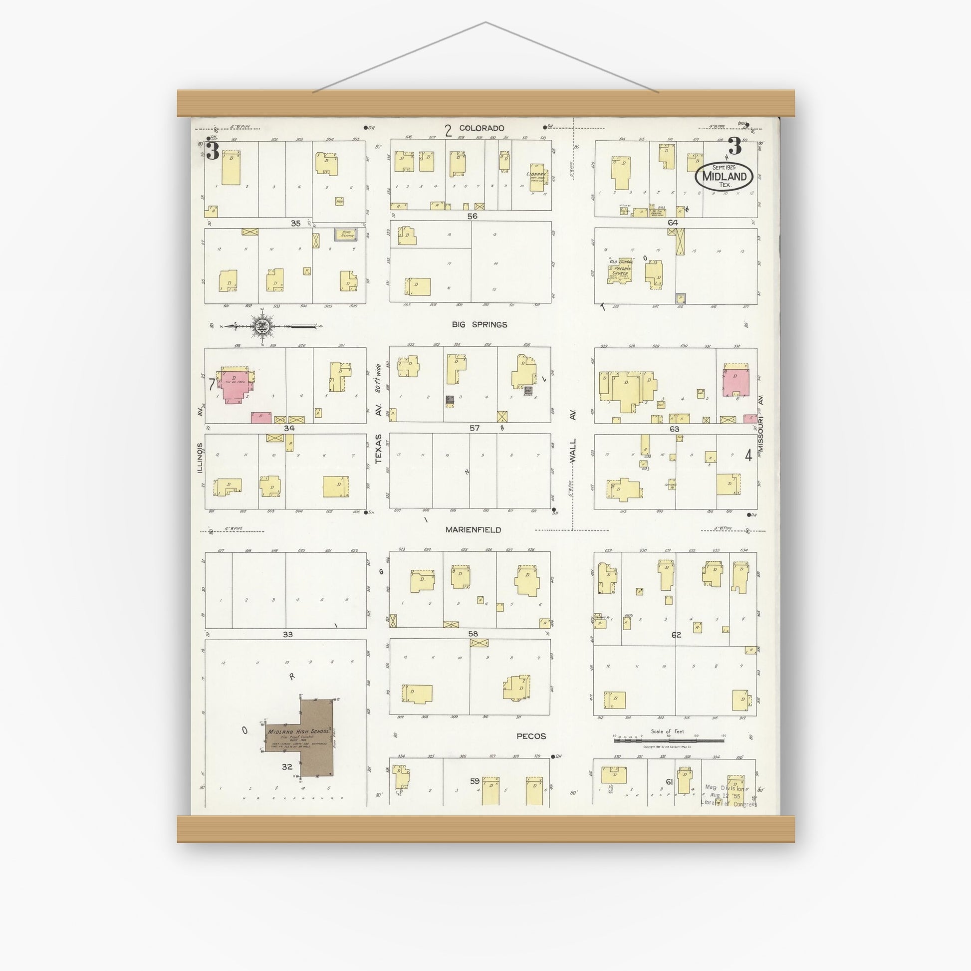Old map wall art mockup — magnetic wood frame on white wall — Sanborn Fire Insurance Map from Midland, Midland County, Texas (1925), Sheet #0003