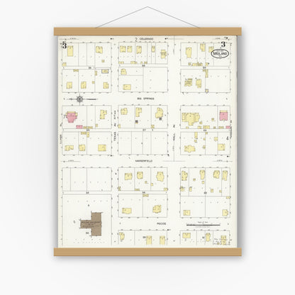 Old map wall art mockup — magnetic wood frame on white wall — Sanborn Fire Insurance Map from Midland, Midland County, Texas (1925), Sheet #0003