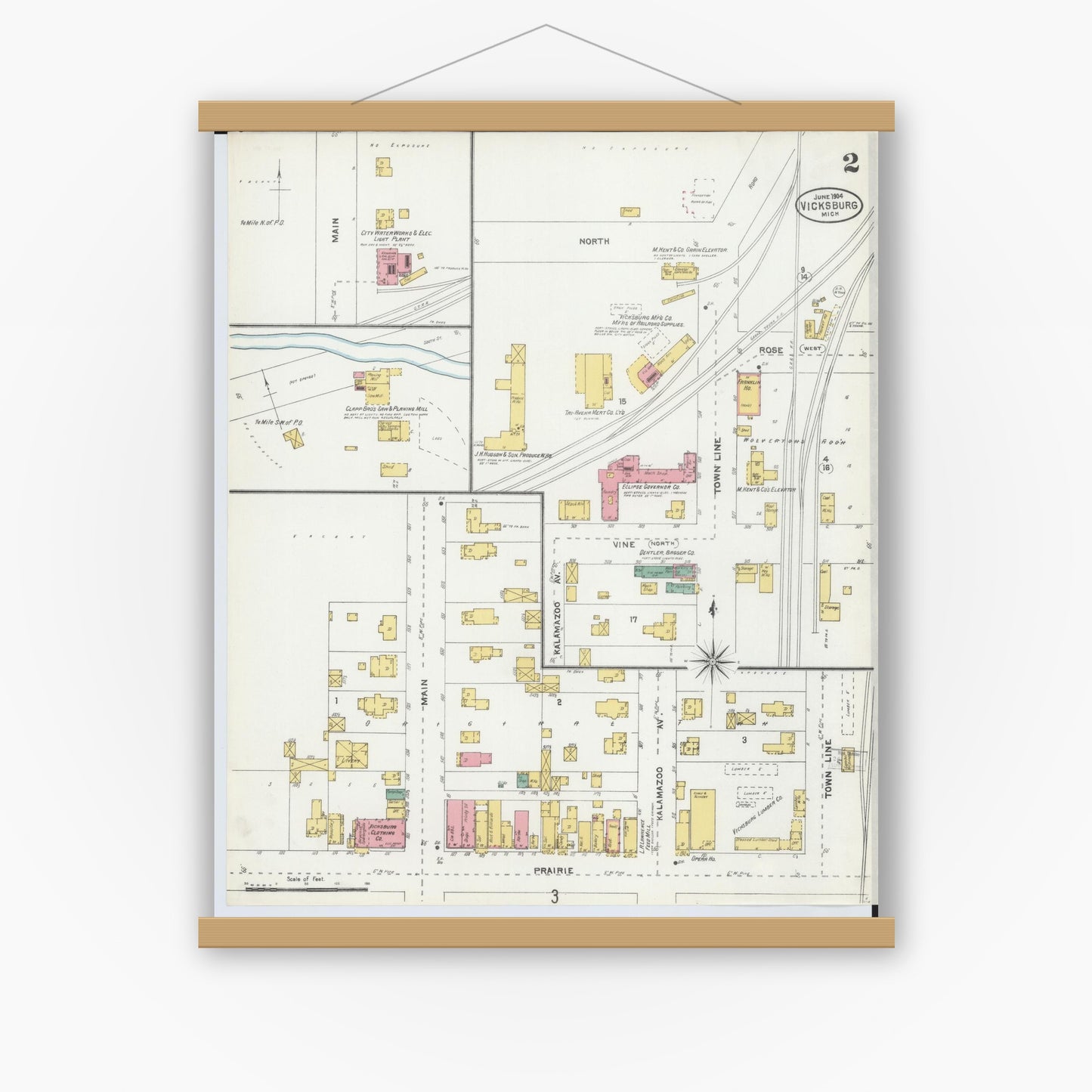 Old map wall art mockup — magnetic wood frame on white wall — Sanborn Fire Insurance Map from Vicksburg, Kalamazoo County, Michigan (1904), Sheet #0002