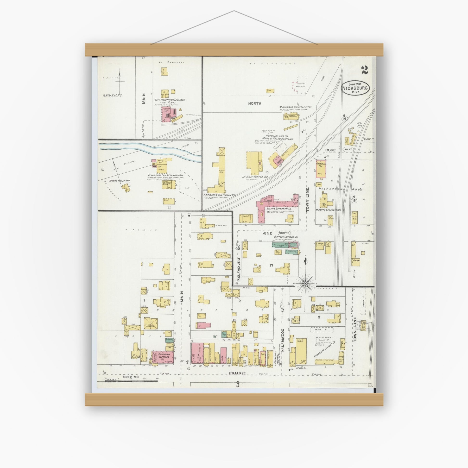 Old map wall art mockup — magnetic wood frame on white wall — Sanborn Fire Insurance Map from Vicksburg, Kalamazoo County, Michigan (1904), Sheet #0002