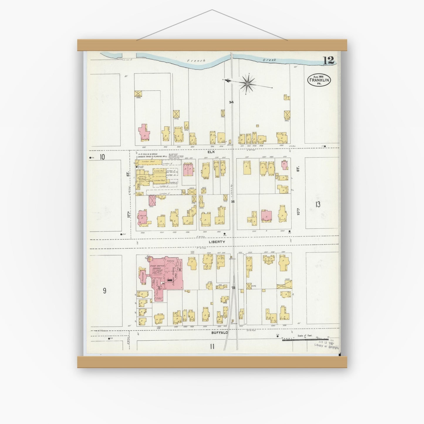 Old map wall art mockup — magnetic wood frame on white wall — Sanborn Fire Insurance Map from Franklin, Venango County, Pennsylvania (1906), Sheet #0012