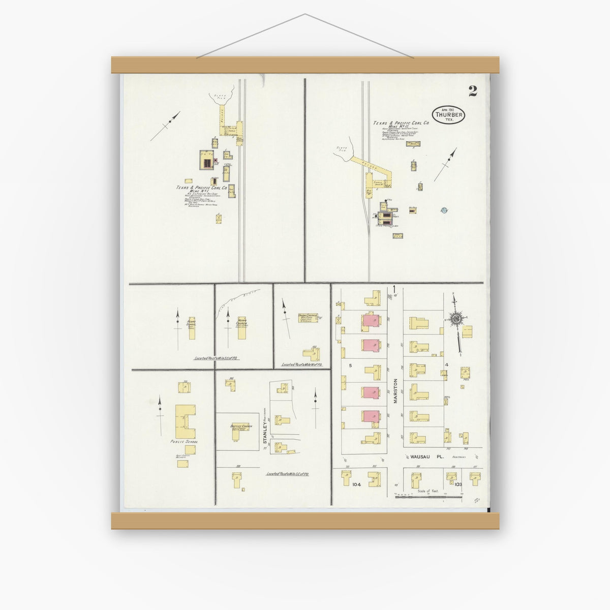 Old map wall art mockup — magnetic wood frame on white wall — Sanborn Fire Insurance Map from Thurber, Erath County, Texas (1911), Sheet #0002
