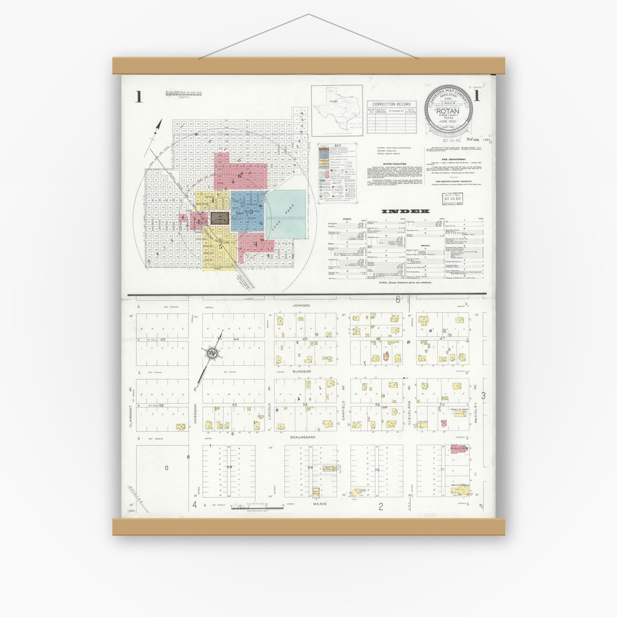 Old map wall art mockup — magnetic wood frame on white wall — Sanborn Fire Insurance Map from Rotan, Fisher County, Texas (1933) - Complete Map Set