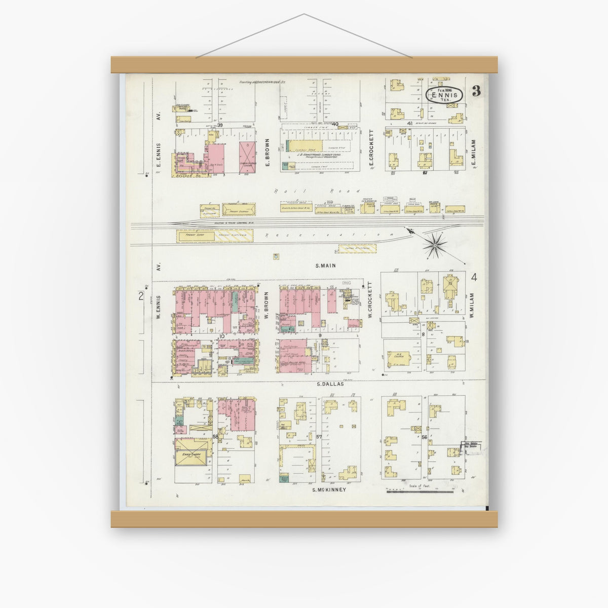 Old map wall art mockup — magnetic wood frame on white wall — Sanborn Fire Insurance Map from Ennis, Ellis County, Texas (1896), Sheet #0003
