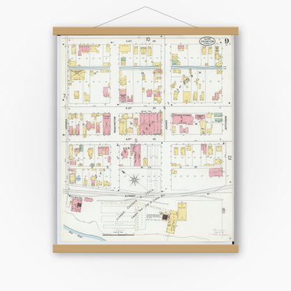Old map wall art mockup — magnetic wood frame on white wall — Sanborn Fire Insurance Map from Ironton, Lawrence County, Ohio (1900), Sheet #0009