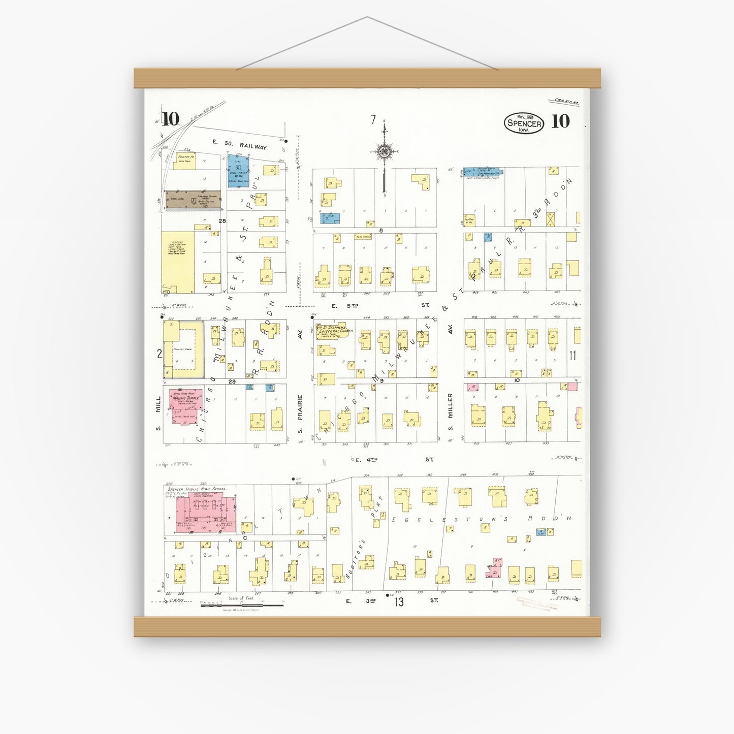 Old map wall art mockup — magnetic wood frame on white wall — Sanborn Fire Insurance Map from Spencer, Clay County, Iowa (1924), Sheet #0010