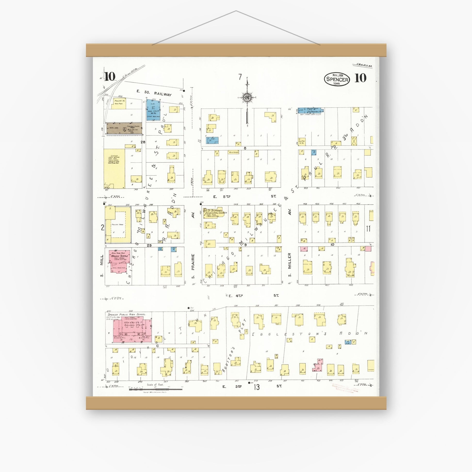 Old map wall art mockup — magnetic wood frame on white wall — Sanborn Fire Insurance Map from Spencer, Clay County, Iowa (1924), Sheet #0010
