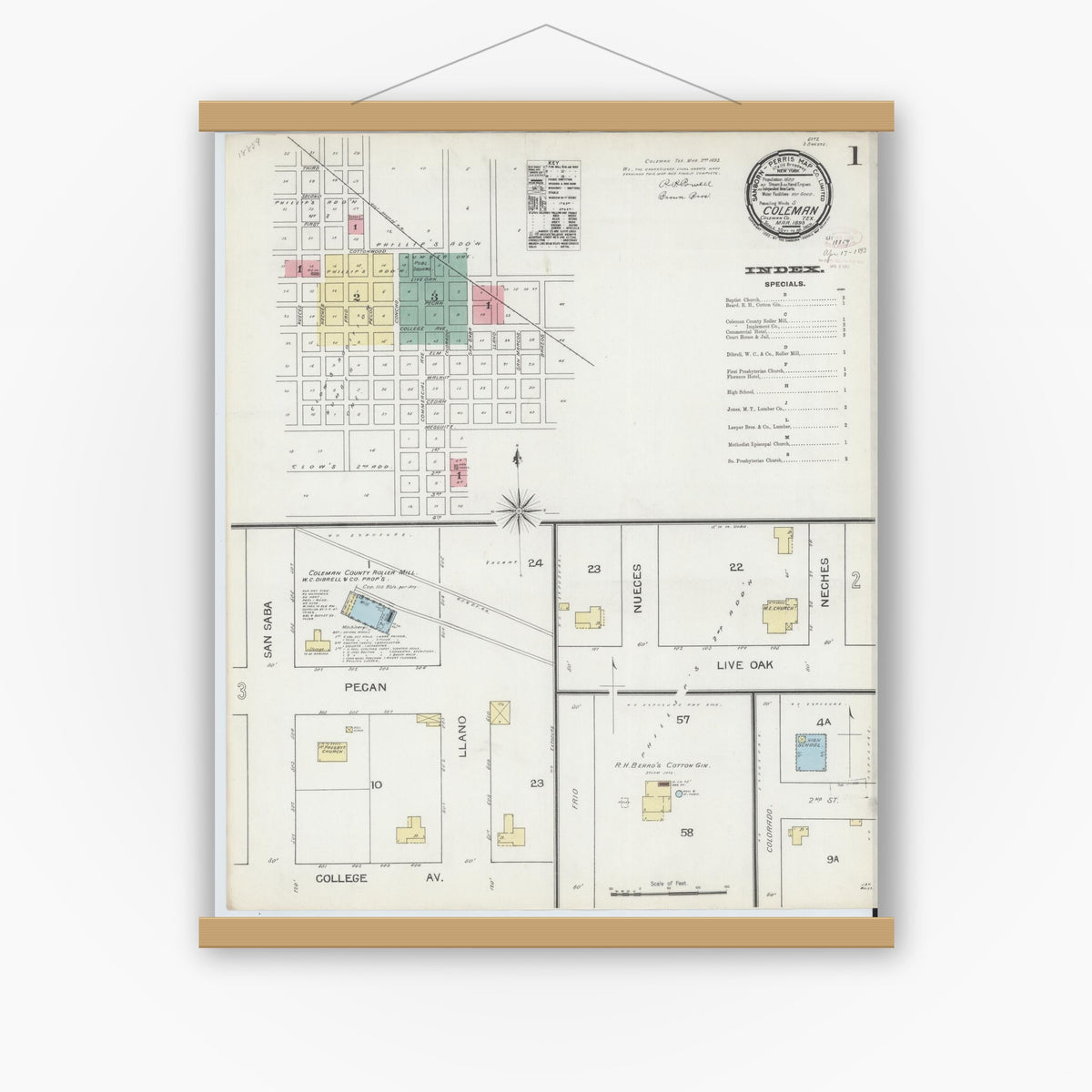 Old map wall art mockup — magnetic wood frame on white wall — Sanborn Fire Insurance Map from Coleman, Coleman County, Texas (1893) - Complete Map Set