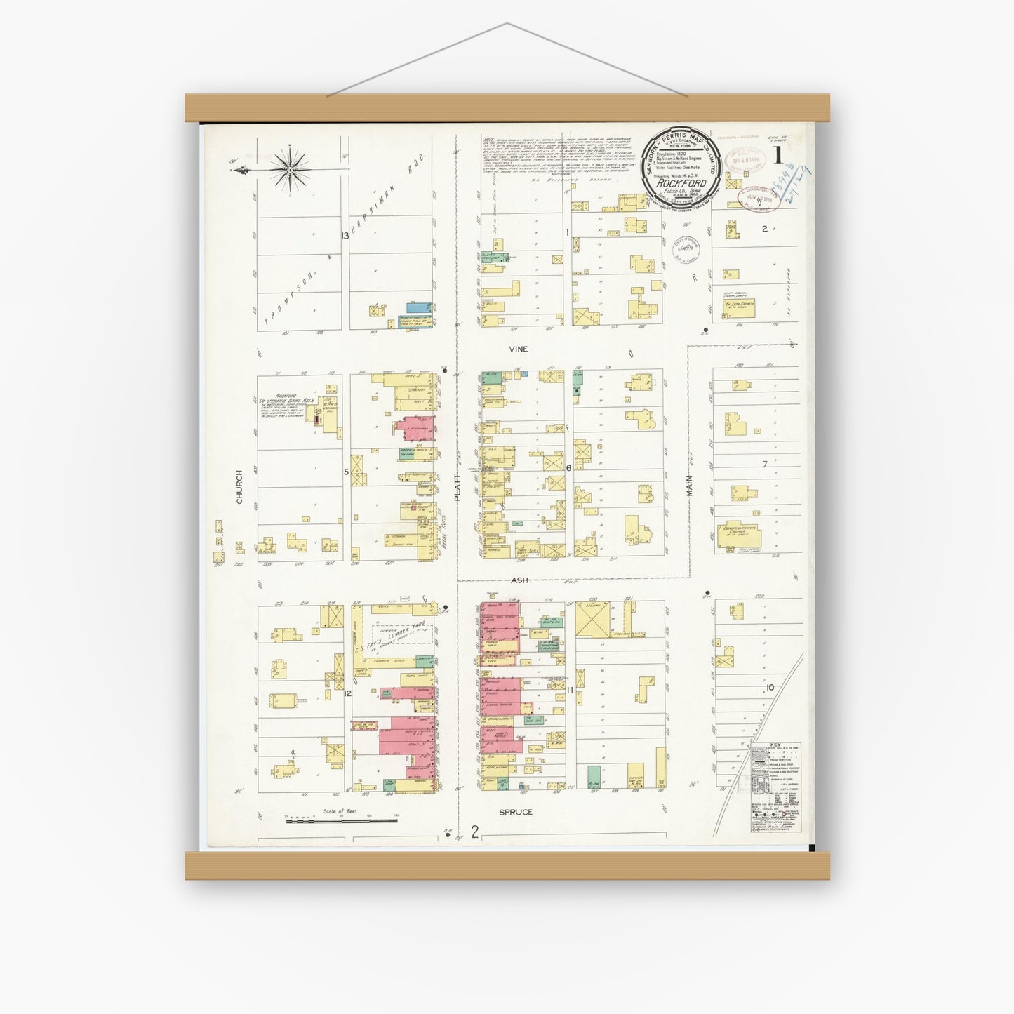 Old map wall art mockup — magnetic wood frame on white wall — Sanborn Fire Insurance Map from Rockford, Floyd County, Iowa (1899) â€” Complete Set