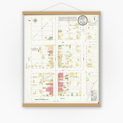 Old map wall art mockup — magnetic wood frame on white wall — Sanborn Fire Insurance Map from Rockford, Floyd County, Iowa (1899) â€” Complete Set