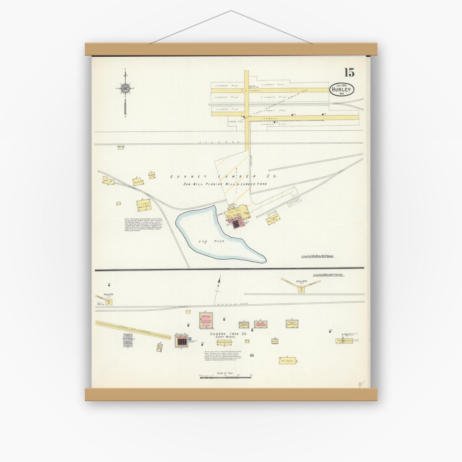 Old map wall art mockup — magnetic wood frame on white wall — Sanborn Fire Insurance Map from Hurley, Iron County, Wisconsin (1913), Sheet #0015