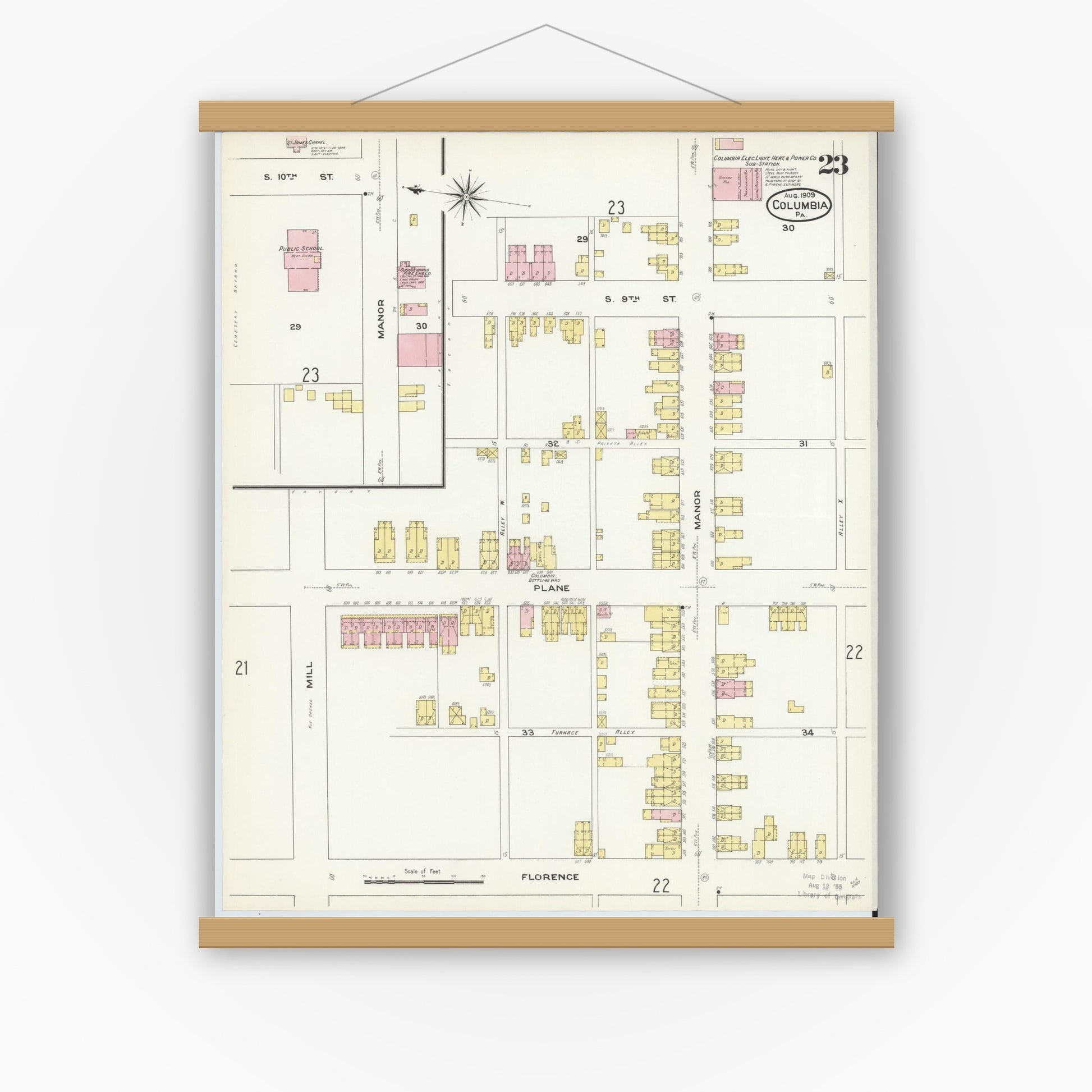 Old map wall art mockup — magnetic wood frame on white wall — Sanborn Fire Insurance Map from Columbia, Lancaster County, Pennsylvania (1909), Sheet #0023
