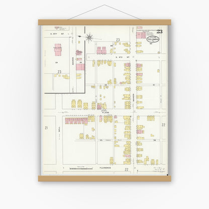 Old map wall art mockup — magnetic wood frame on white wall — Sanborn Fire Insurance Map from Columbia, Lancaster County, Pennsylvania (1909), Sheet #0023