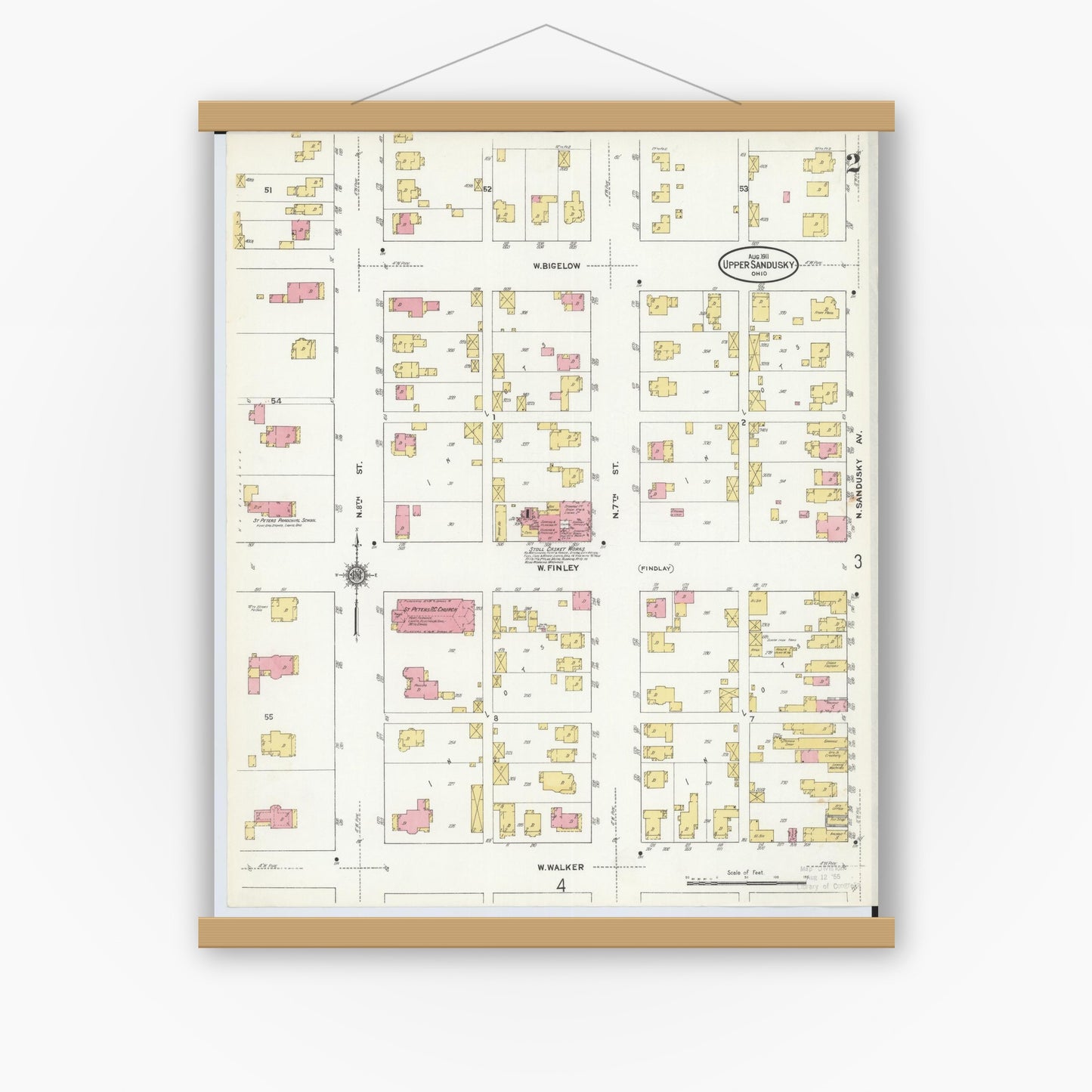 Old map wall art mockup — magnetic wood frame on white wall — Sanborn Fire Insurance Map from Upper Sandusky, Wyandot County, Ohio (1911), Sheet #0002