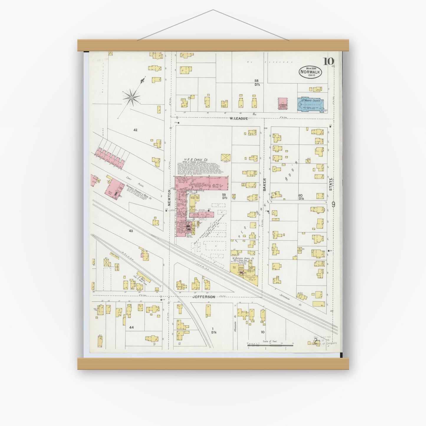 Old map wall art mockup — magnetic wood frame on white wall — Sanborn Fire Insurance Map from Norwalk, Huron County, Ohio (1899), Sheet #0010