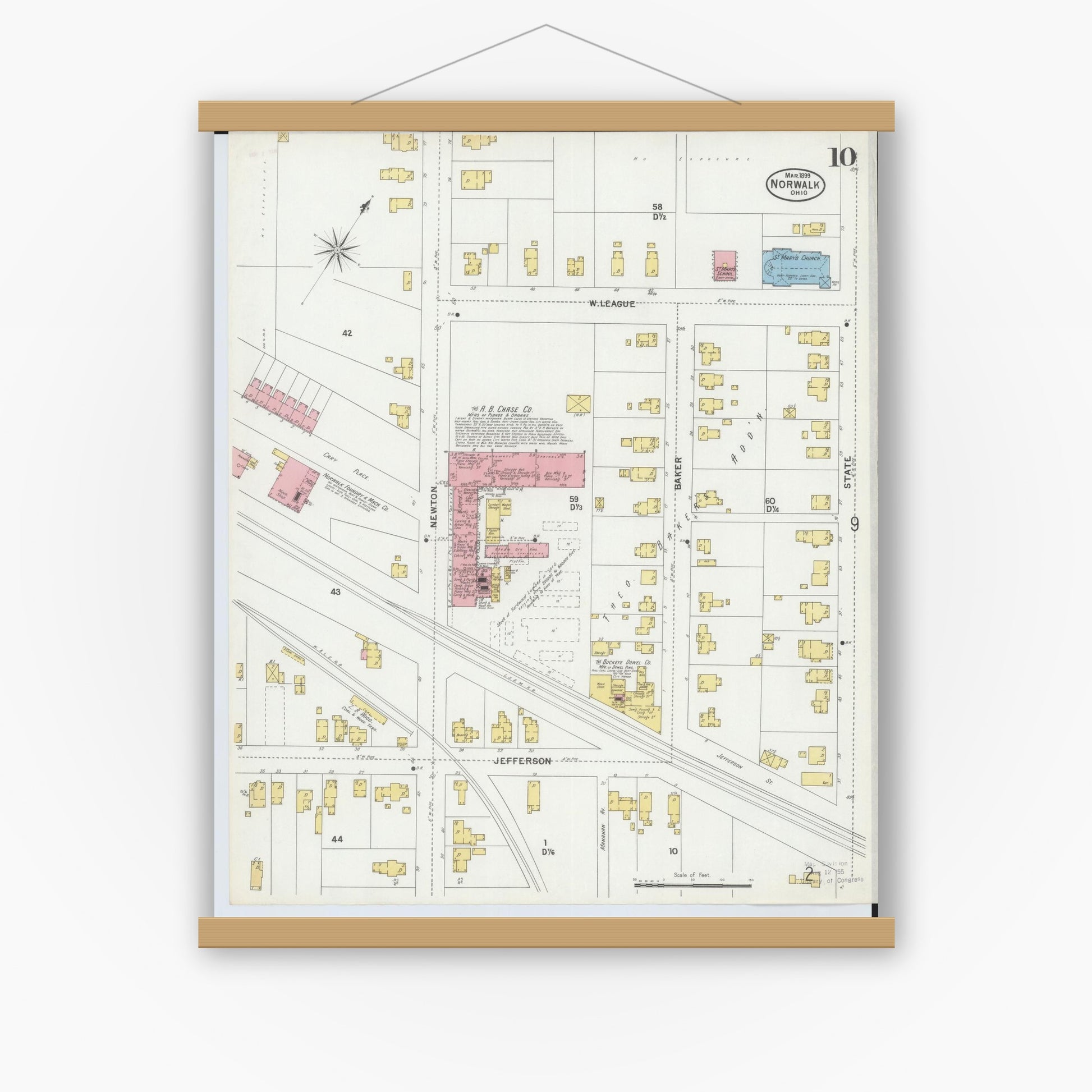 Old map wall art mockup — magnetic wood frame on white wall — Sanborn Fire Insurance Map from Norwalk, Huron County, Ohio (1899), Sheet #0010