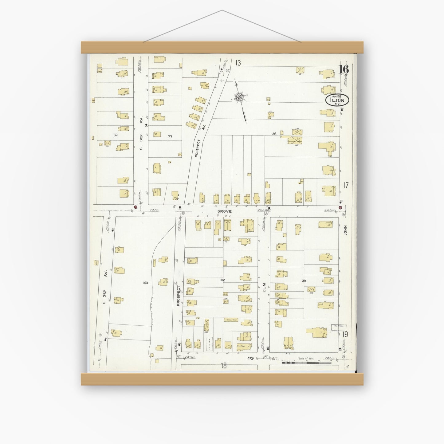 Old map wall art mockup — magnetic wood frame on white wall — Sanborn Fire Insurance Map from Ilion, Herkimer County, New York (1912), Sheet #0016