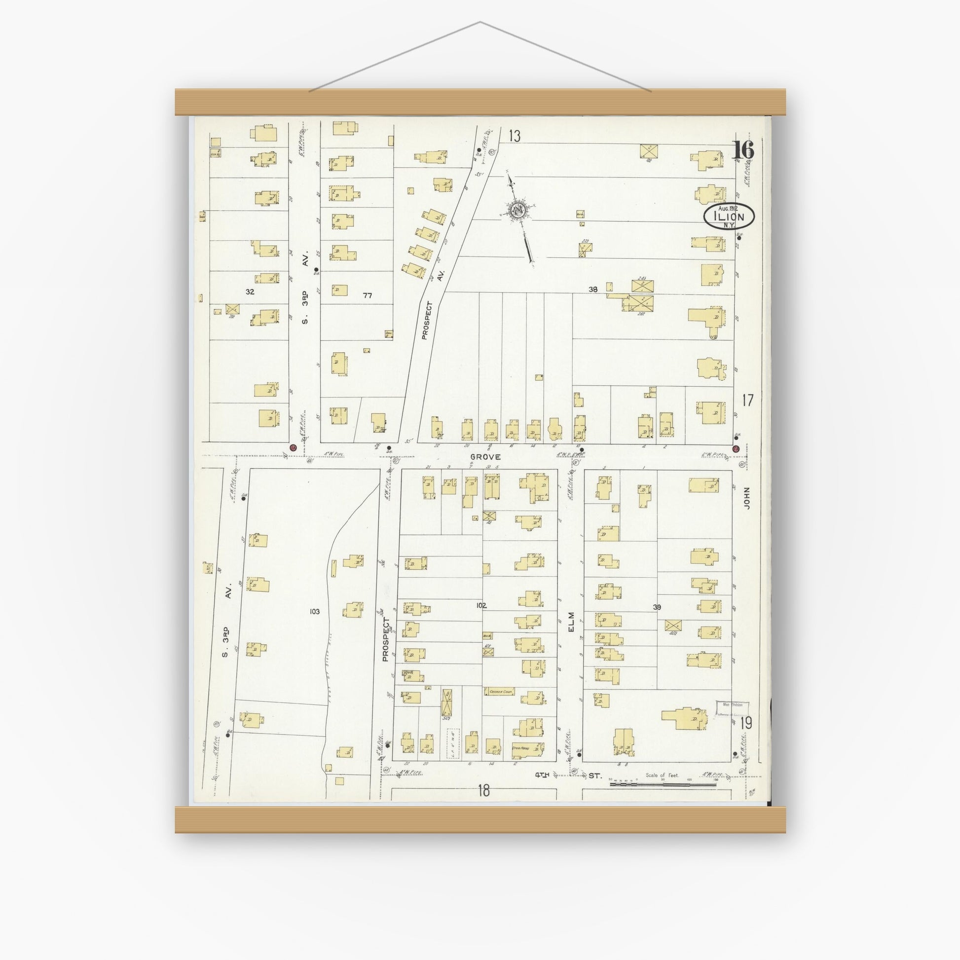 Old map wall art mockup — magnetic wood frame on white wall — Sanborn Fire Insurance Map from Ilion, Herkimer County, New York (1912), Sheet #0016