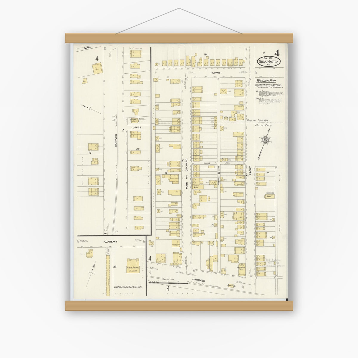 Old map wall art mockup — magnetic wood frame on white wall — Sanborn Fire Insurance Map from Sugar Notch, Luzerne County, Pennsylvania (1911), Sheet #0004