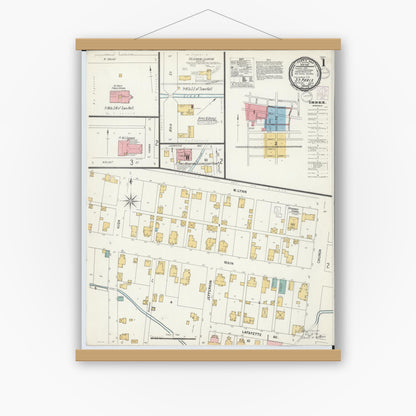 Old map wall art mockup — magnetic wood frame on white wall — Sanborn Fire Insurance Map from Saint Paris, Champaign County, Ohio (1901) - Complete Map Set