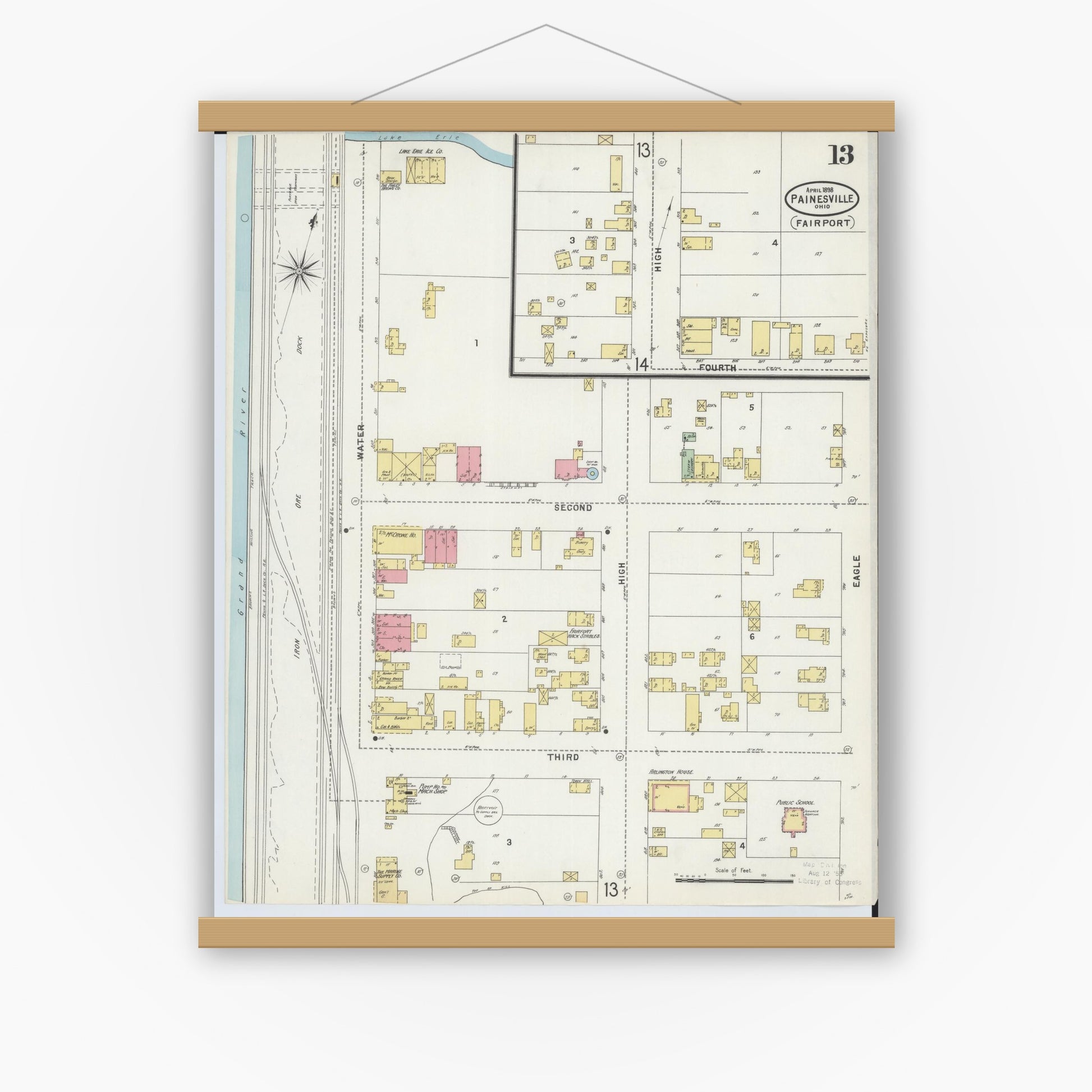 Old map wall art mockup — magnetic wood frame on white wall — Sanborn Fire Insurance Map from Painesville, Lake County, Ohio (1898), Sheet #0013