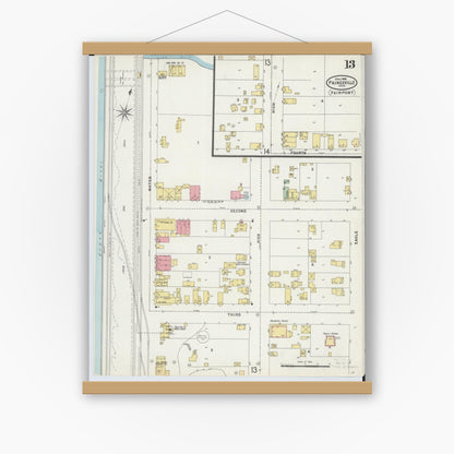 Old map wall art mockup — magnetic wood frame on white wall — Sanborn Fire Insurance Map from Painesville, Lake County, Ohio (1898), Sheet #0013