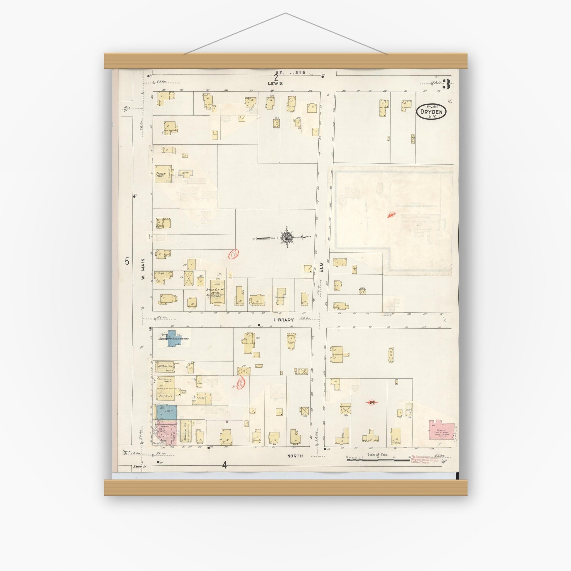 Old map wall art mockup — magnetic wood frame on white wall — Sanborn Fire Insurance Map from Dryden, Tompkins County, New York (1937), Sheet #0003