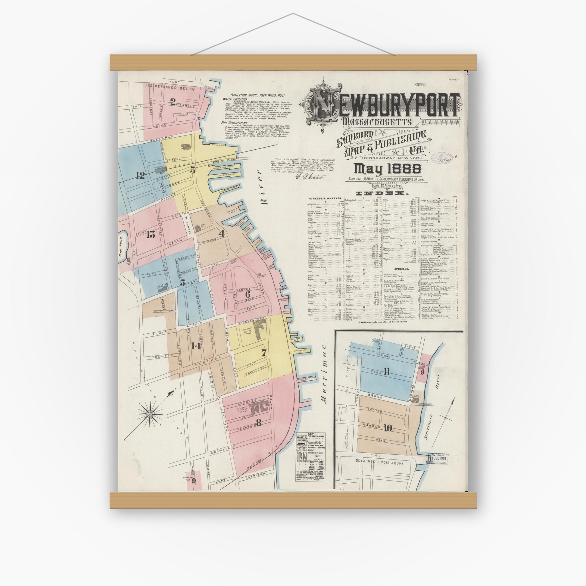 Old map wall art mockup — magnetic wood frame on white wall — Sanborn Fire Insurance Map from Newburyport, Essex County, Massachusetts (1888), Sheet #0001