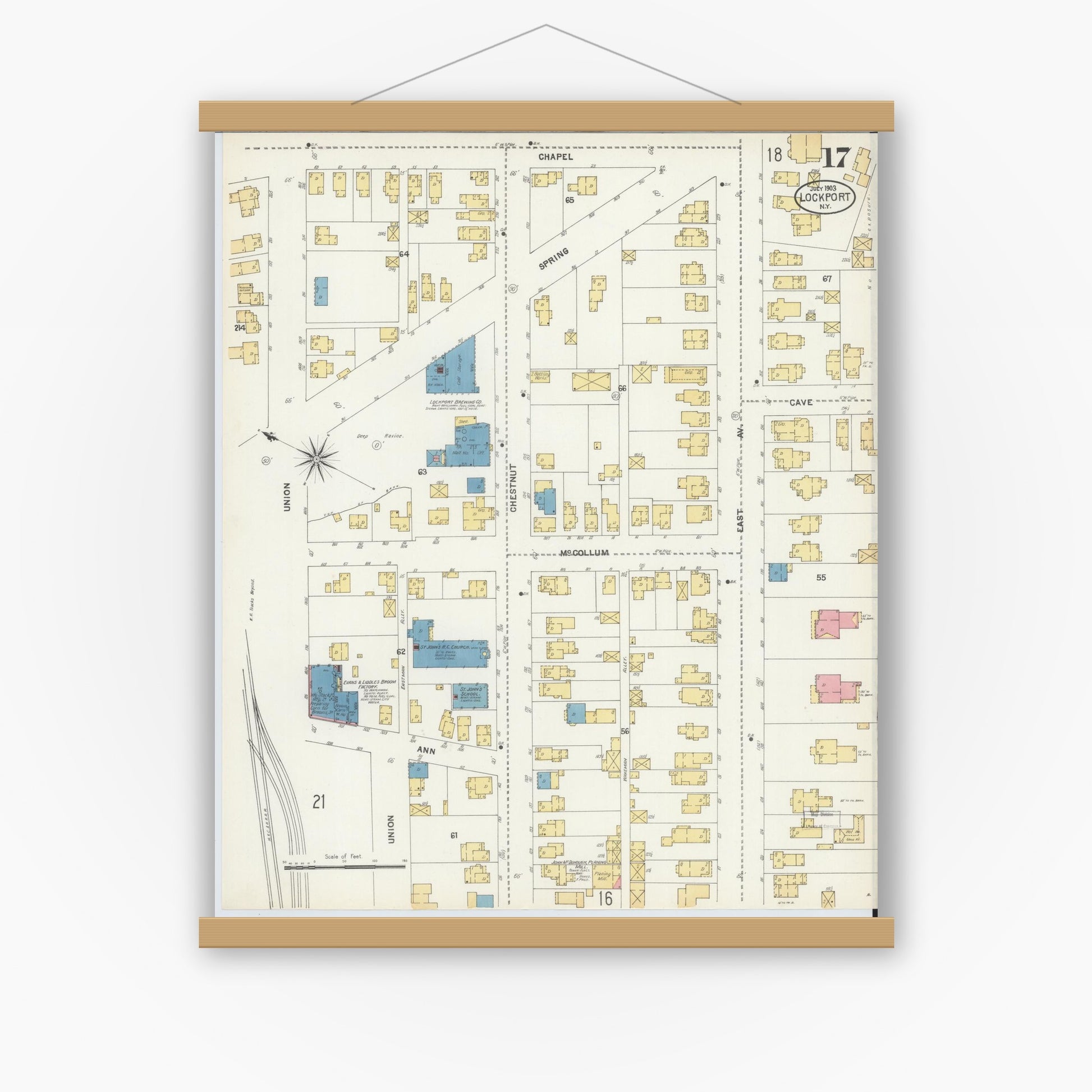 Old map wall art mockup — magnetic wood frame on white wall — Sanborn Fire Insurance Map from Lockport, Niagara County, New York (1903), Sheet #0017