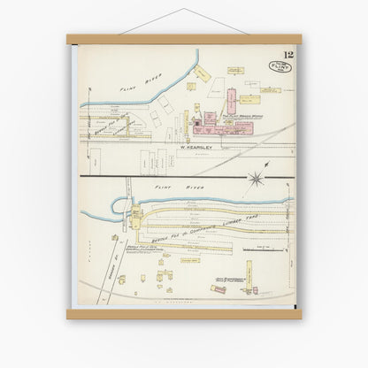Old map wall art mockup — magnetic wood frame on white wall — Sanborn Fire Insurance Map from Flint, Genesee County, Michigan (1886), Sheet #0012