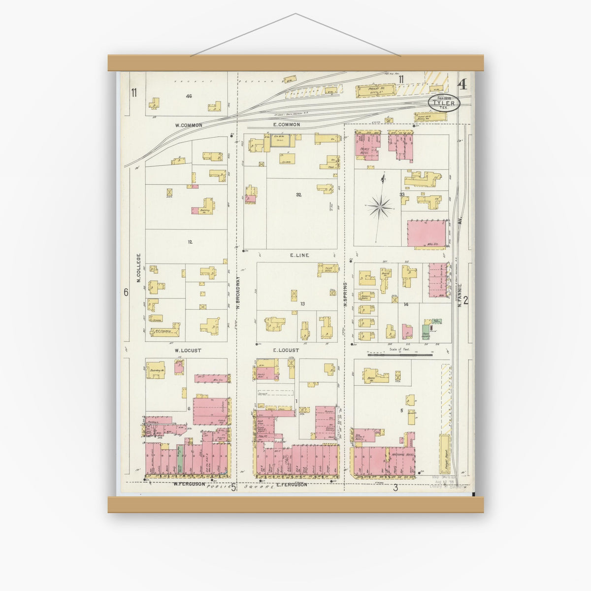 Old map wall art mockup — magnetic wood frame on white wall — Sanborn Fire Insurance Map from Tyler, Smith County, Texas (1898), Sheet #0004