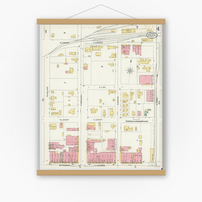 Old map wall art mockup — magnetic wood frame on white wall — Sanborn Fire Insurance Map from Tyler, Smith County, Texas (1898), Sheet #0004