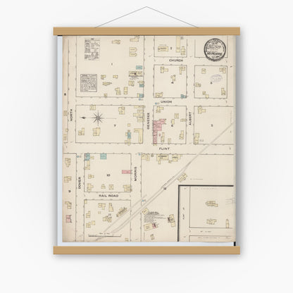 Old map wall art mockup — magnetic wood frame on white wall — Sanborn Fire Insurance Map from Mount Morris, Genesee County, Michigan (1884), Sheet #0001