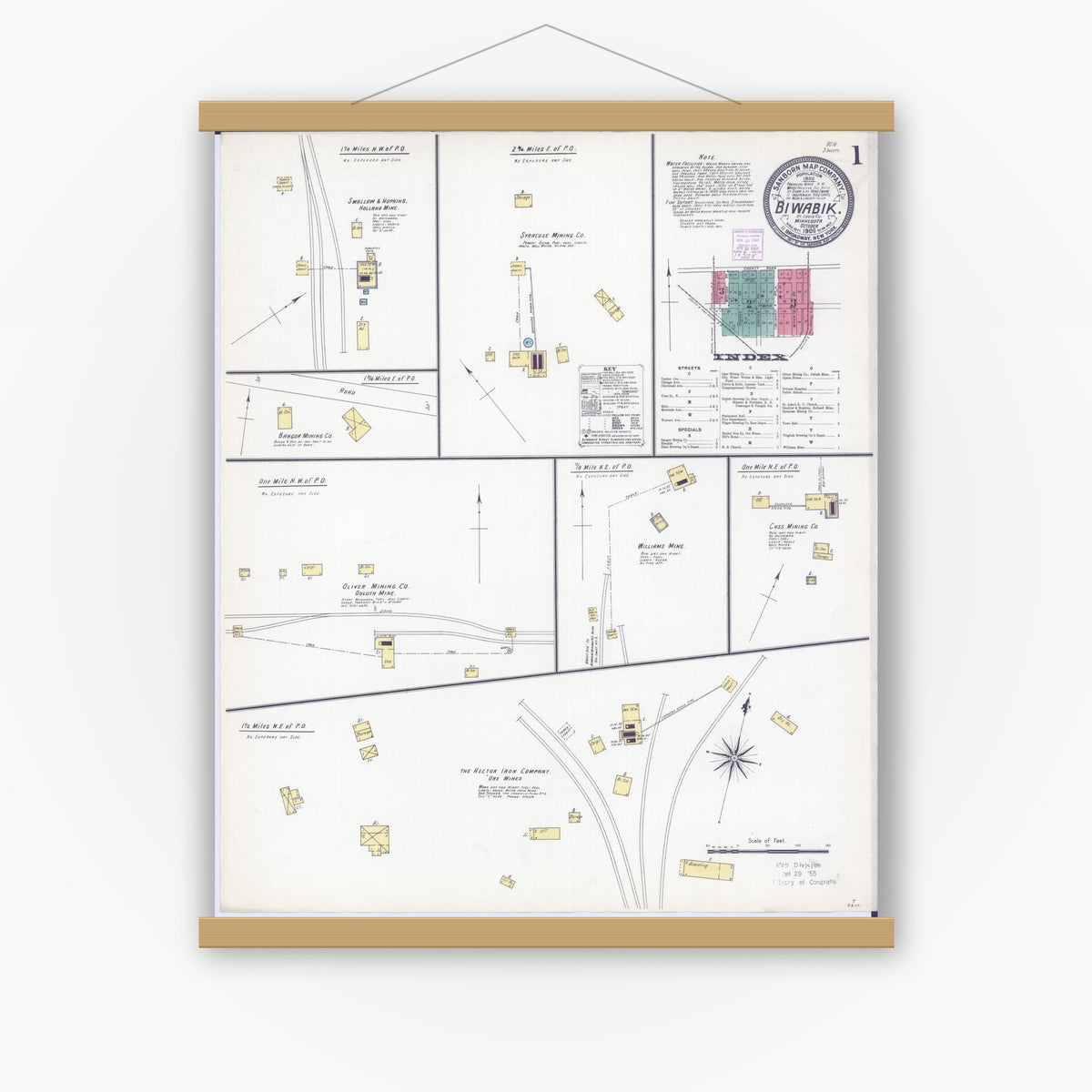 Old map wall art mockup — magnetic wood frame on white wall — Sanborn Fire Insurance Map from Biwabik, Saint Louis County, Minnesota (1906) - Complete Map Set