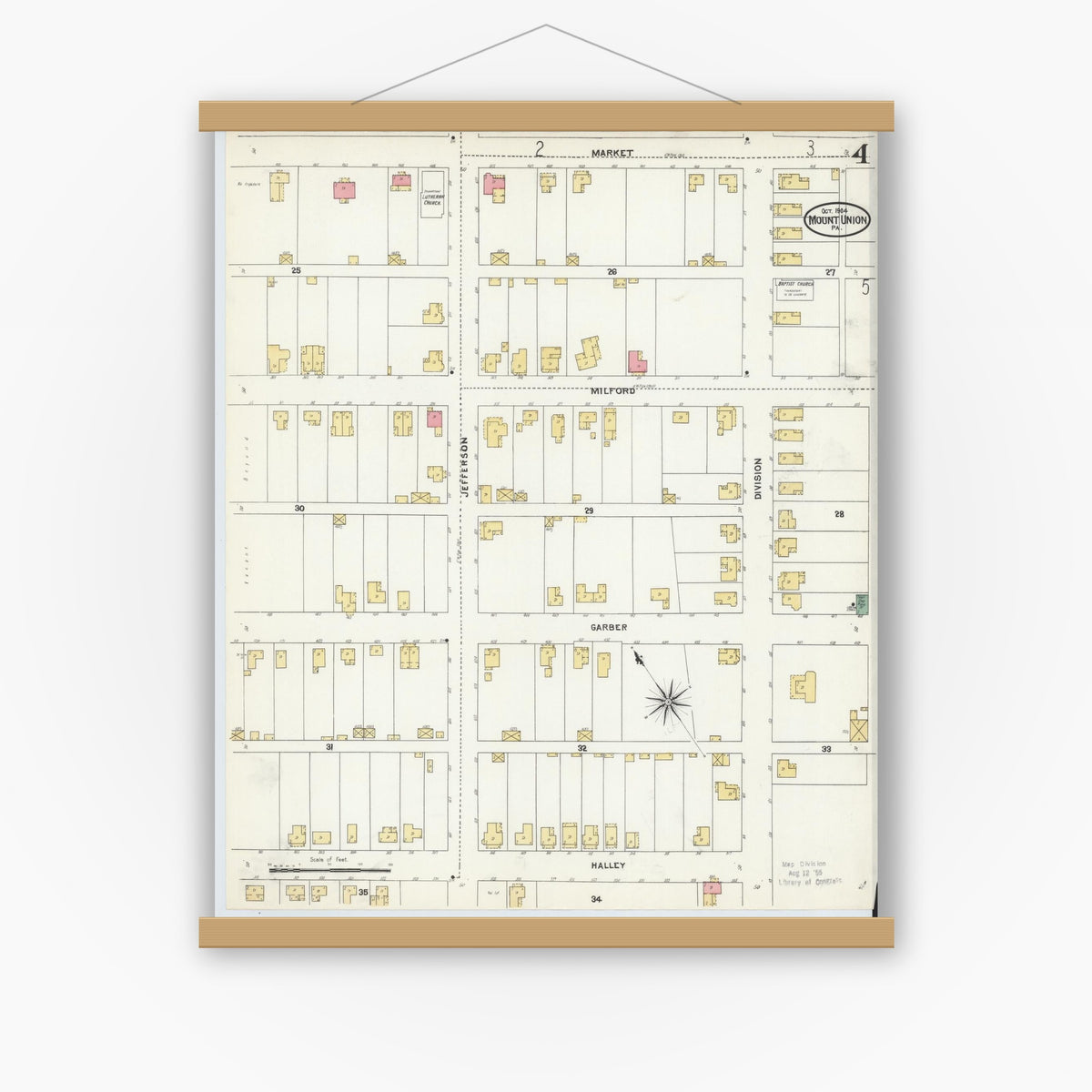 Old map wall art mockup — magnetic wood frame on white wall — Sanborn Fire Insurance Map from Mount Union, Huntingdon County, Pennsylvania (1904), Sheet #0004