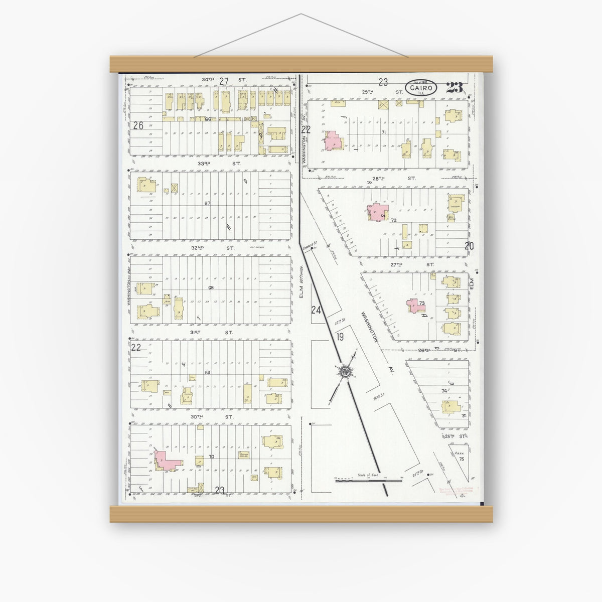 Old map wall art mockup — magnetic wood frame on white wall — Sanborn Fire Insurance Map from Cairo, Alexander County, Illinois (1914), Sheet #0023